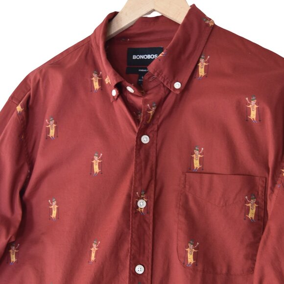Bonobos Men’s L/S Button Down Shirt L Red Skiing Cats Print Long Sleeve Camp - Picture 1 of 9
